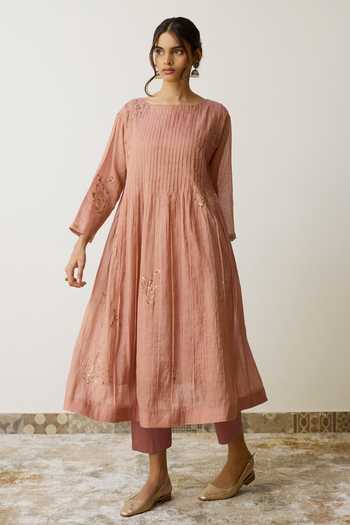 Shop_Rhua_Pink Handloom Cotton Square Neck Nirvi Dabka Embroidered Kurta And Pant Set _Online