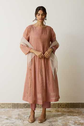Rhua_Pink Handloom Cotton Square Neck Nirvi Dabka Embroidered Kurta And Pant Set 