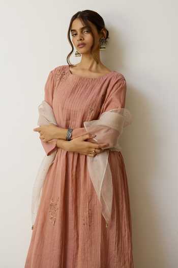 Rhua_Pink Handloom Cotton Square Neck Nirvi Dabka Embroidered Kurta And Pant Set 