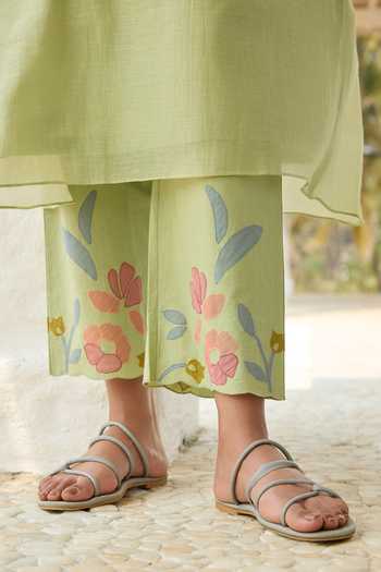 Vaayu_Green Cotton, Muslin Round Neck Lime Applique Work Kurta And Pant Set _Online_at_Aza_Fashions