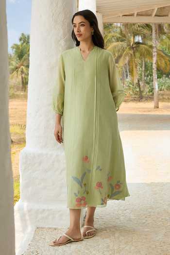 Buy_Vaayu_Green Cotton, Muslin V-neck Lime Pintuck Applique Work Dress _Online_at_Aza_Fashions