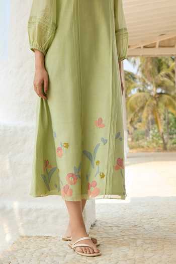 Vaayu_Green Cotton, Muslin V-neck Lime Pintuck Applique Work Dress _at_Aza_Fashions