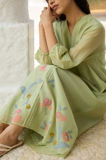Shop_Vaayu_Green Cotton, Muslin V-neck Lime Pintuck Applique Work Dress 