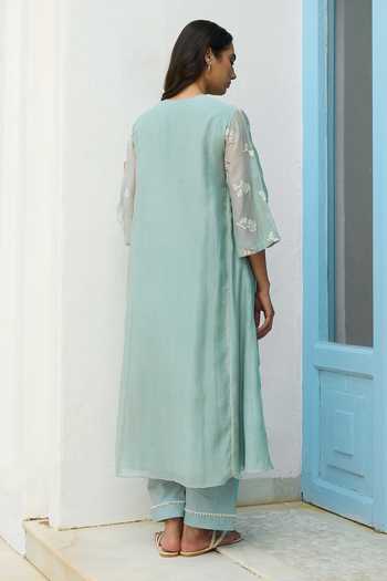 Shop_Vaayu_Blue Cotton, Muslin V-neck Sky Thread Embroidered Kurta And Pant Set _at_Aza_Fashions