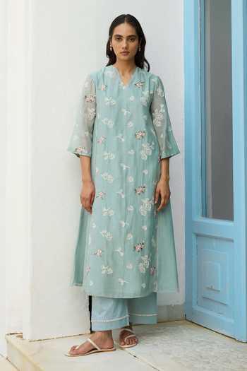 Buy_Vaayu_Blue Cotton, Muslin V-neck Sky Thread Embroidered Kurta And Pant Set _at_Aza_Fashions