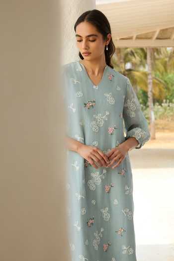 Vaayu_Blue Cotton, Muslin V-neck Sky Thread Embroidered Dress _Online_at_Aza_Fashions