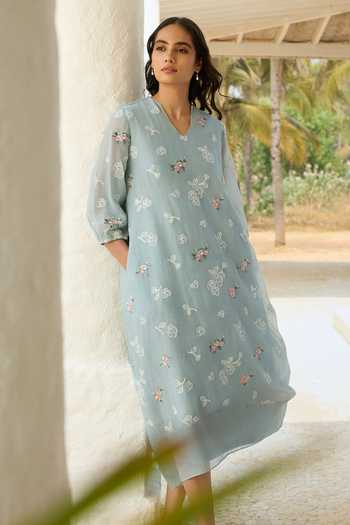 Shop_Vaayu_Blue Cotton, Muslin V-neck Sky Thread Embroidered Dress _Online_at_Aza_Fashions