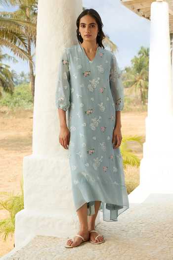 Buy_Vaayu_Blue Cotton, Muslin V-neck Sky Thread Embroidered Dress _at_Aza_Fashions