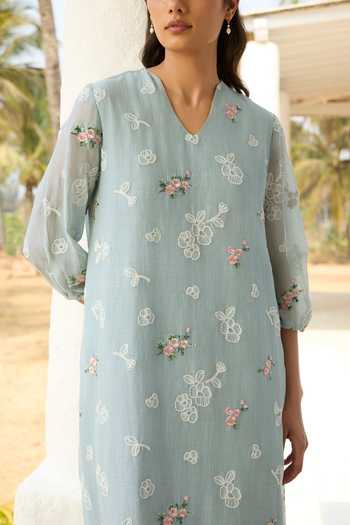 Vaayu_Blue Cotton, Muslin V-neck Sky Thread Embroidered Dress _at_Aza_Fashions