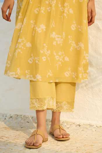 Buy_Vaayu_Yellow Cotton, Muslin V-neck Rue Printed Kurta And Pant Set _Online_at_Aza_Fashions