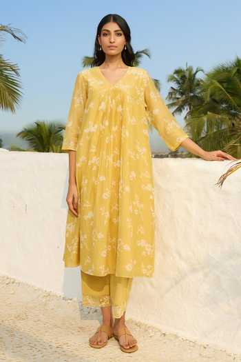 Shop_Vaayu_Yellow Cotton, Muslin V-neck Rue Printed Kurta And Pant Set _Online_at_Aza_Fashions