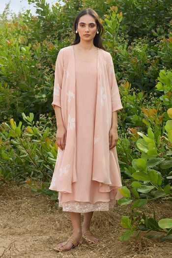 Buy_Vaayu_Pink Cotton, Muslin Scoop Neck Blossom Pintuck Dress _at_Aza_Fashions