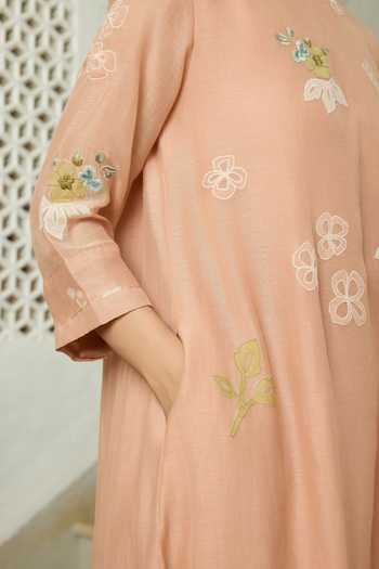 Shop_Vaayu_Pink Cotton, Muslin Round Neck Blossom Applique Work Kurta And Pant Set _Online_at_Aza_Fashions