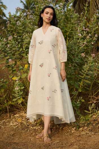 Buy_Vaayu_Ivory Cotton, Muslin V-neck Thread Embroidered Dress _at_Aza_Fashions