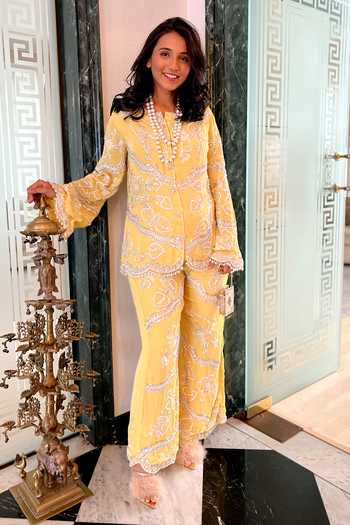 Buy_Mani Bhatia_Yellow Georgette, Lining Satin Cutdana, Evelyn Embroidered Jacket And Pant Set _at_Aza_Fashions