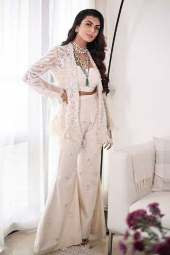 Buy_Mani Bhatia_Ivory Net, Silk Feathers, Lily Petal Embroidered Jacket And Bell Bottom Pant Set _at_Aza_Fashions