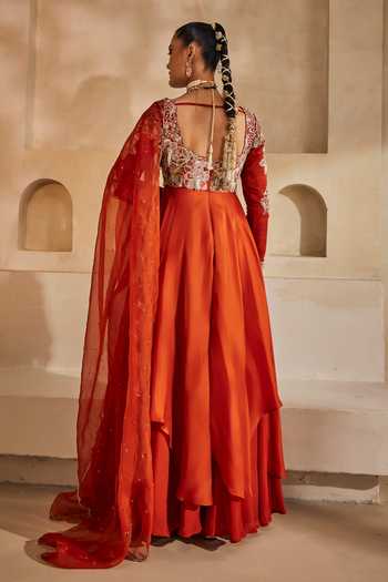 Shop_Anu Pellakuru_Orange , , Chiffon, Kesari Embroidered Anarkali Set _at_Aza_Fashions