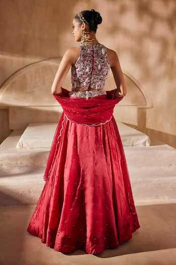 Shop_Anu Pellakuru_Red Silk Organza, Net Halter Neck Aangan Embroidered Blouse Lehenga Set _at_Aza_Fashions