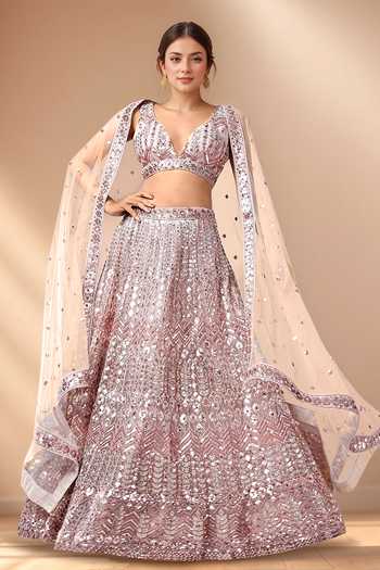Buy_Samyukta Singhania_Rose Gold Net, Shantoon Sequins, Mirrors, Zari, Geometric Lehenga Set _Online_at_Aza_Fashions