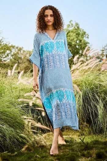 Buy_Basil Leaf_Blue Chiffon V-neck Printed Kaftan Set _at_Aza_Fashions