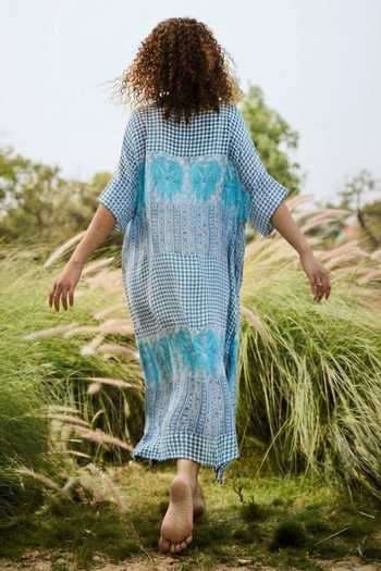 Shop_Basil Leaf_Blue Chiffon V-neck Printed Kaftan Set _at_Aza_Fashions
