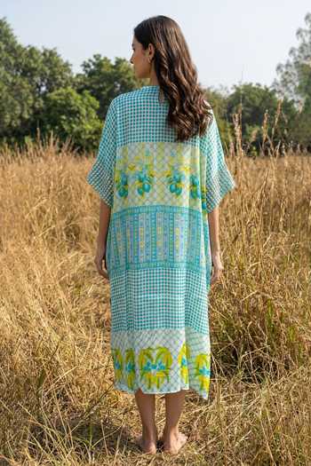 Shop_Basil Leaf_Green Chiffon V-neck Printed Kaftan Set _at_Aza_Fashions