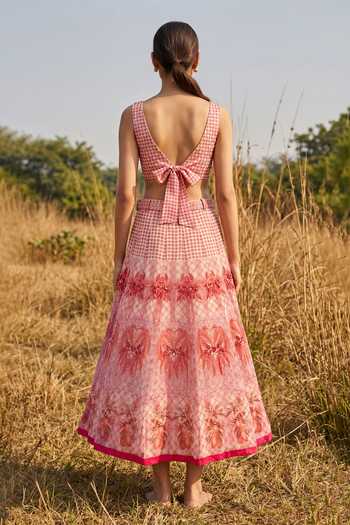 Shop_Basil Leaf_Peach Organza, Chiffon Sweetheart Neck Printed Skirt Set _at_Aza_Fashions