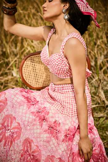 Shop_Basil Leaf_Peach Organza, Chiffon Sweetheart Neck Printed Skirt Set _Online_at_Aza_Fashions
