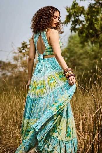 Shop_Basil Leaf_Green Chiffon Round Neck Printed Tiered Skirt Set _at_Aza_Fashions