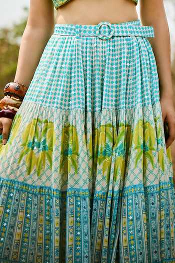 Buy_Basil Leaf_Green Chiffon Round Neck Printed Tiered Skirt Set _Online_at_Aza_Fashions