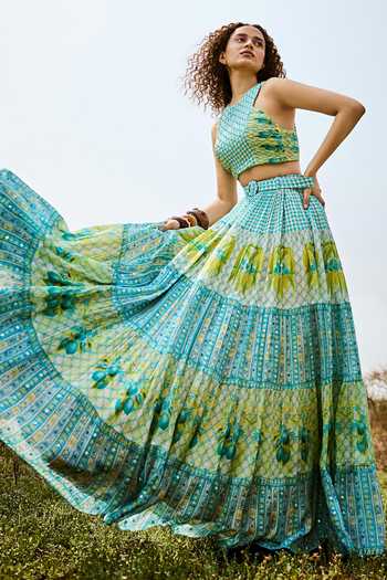 Buy_Basil Leaf_Green Chiffon Round Neck Printed Tiered Skirt Set _at_Aza_Fashions