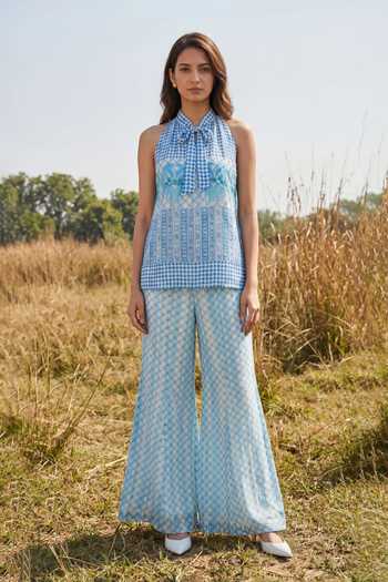 Buy_Basil Leaf_Blue Chiffon High Neck Printed Halter Top And Pant Set _at_Aza_Fashions