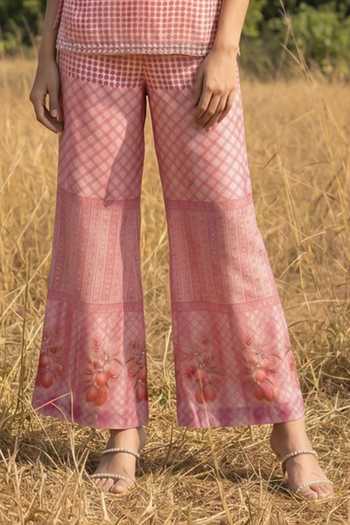 Basil Leaf_Peach Organza Round Neck Printed Top And Pant Set _Online_at_Aza_Fashions