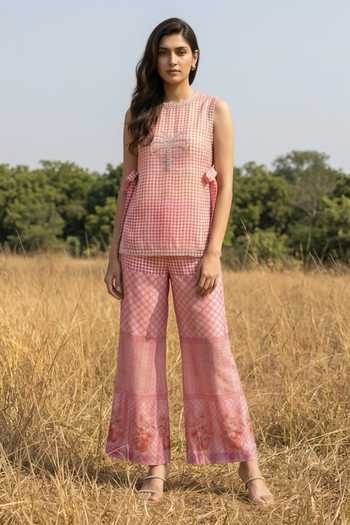 Buy_Basil Leaf_Peach Organza Round Neck Printed Top And Pant Set _at_Aza_Fashions