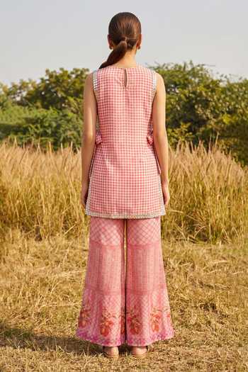 Shop_Basil Leaf_Peach Organza Round Neck Printed Top And Pant Set _at_Aza_Fashions