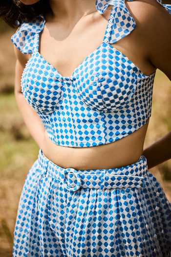 Basil Leaf_Blue Organza Sweetheart Neck Printed Crop Top And Pant Set _Online_at_Aza_Fashions