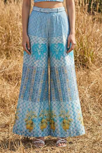 Buy_Basil Leaf_Blue Organza Sweetheart Neck Printed Crop Top And Pant Set _Online_at_Aza_Fashions