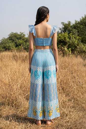Shop_Basil Leaf_Blue Organza Sweetheart Neck Printed Crop Top And Pant Set _at_Aza_Fashions