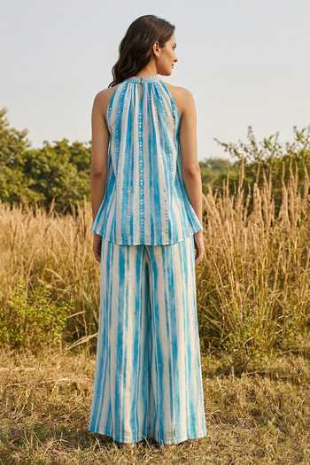 Shop_Basil Leaf_Blue Linen Halter Neck Striped Top And Pant Set _at_Aza_Fashions