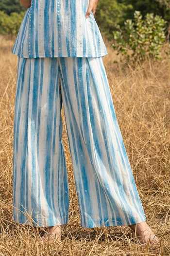 Basil Leaf_Blue Linen Halter Neck Striped Top And Pant Set _Online_at_Aza_Fashions