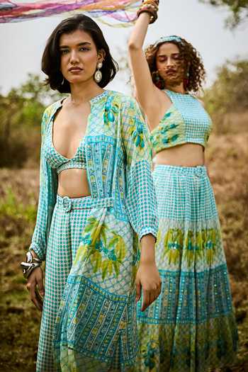 Basil Leaf_Green Chiffon V-, Open Printed Flowy Jacket And Pant Set _Online_at_Aza_Fashions
