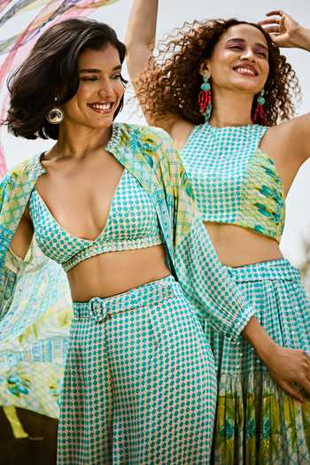 Buy_Basil Leaf_Green Chiffon V-, Open Printed Flowy Jacket And Pant Set _Online_at_Aza_Fashions
