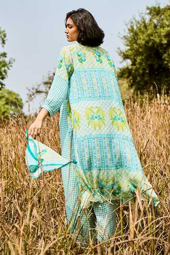 Shop_Basil Leaf_Green Chiffon V-, Open Printed Flowy Jacket And Pant Set _at_Aza_Fashions