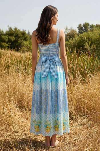 Shop_Basil Leaf_Blue Organza Notched Neck Back Bow Printed Dress _at_Aza_Fashions