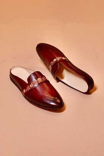 Shop_Dmodot_Maroon Hoffler Ricamo Rosso Leather Mules _at_Aza_Fashions