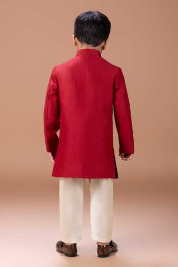 Shop_Little Brats_Maroon Silk, Cotton Sherwani And Pyjama Set _at_Aza_Fashions