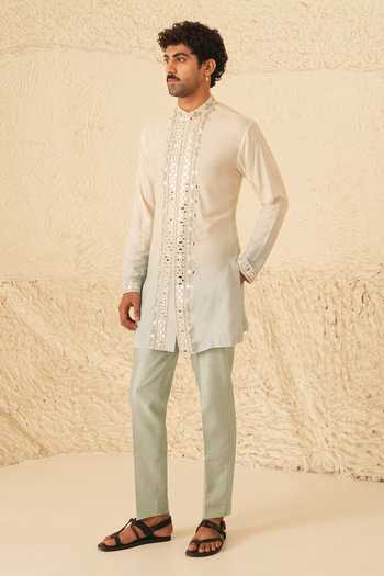 Buy_Shreyansh Designs_Blue Silk, Cotton Nyro Mirror Embroidered Ombre Kurta Set _at_Aza_Fashions