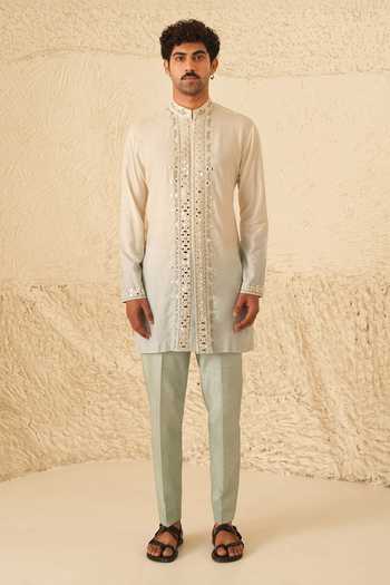 Buy_Shreyansh Designs_Blue Silk, Cotton Nyro Mirror Embroidered Ombre Kurta Set _Online_at_Aza_Fashions