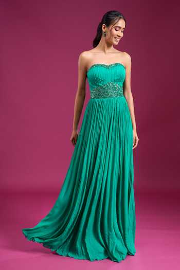 Naintara Bajaj_Emerald Green Chinon Sequins, Beads Sweetheart Neck Hand Embroidered Bodice Gown _Online_at_Aza_Fashions