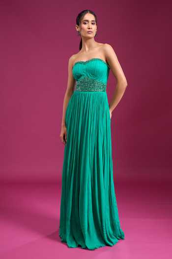 Buy_Naintara Bajaj_Emerald Green Chinon Sequins, Beads Sweetheart Neck Hand Embroidered Bodice Gown _Online_at_Aza_Fashions